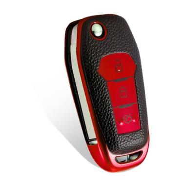 Imagem de WORCAS Capa de couro com 3 botões para chaveiro compatível com Ford Maverick F-150/250/350/450/50 Super Duty Lightning Ranger Bronco Expedition Escape Explorer Fusion EcoSport F-650/750 (vermelho)