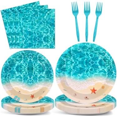 Imagem de 96 peças de pratos e guardanapos de ondas do oceano, suprimentos de festa na praia, conjunto de utensílios de mesa, pratos de papel para piscina de verão, decorações de festa, lembrancinhas para