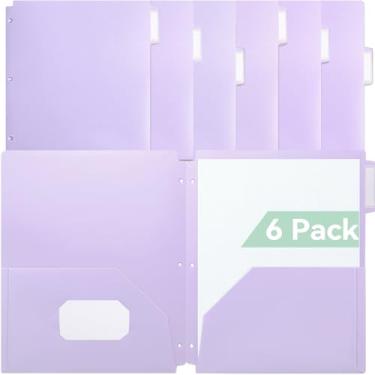 Imagem de SortRax Pastas de plástico com bolsos perfurados com 3 furos, pacote com 6 pastas roxas para fichário de 3 anéis, abas exclusivas de corte de 1/3 com etiquetas coloridas, tamanho carta
