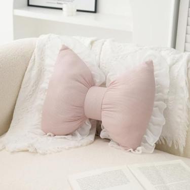 Imagem de Almofada de laço fofo, almofada lombar com laço de renda macia, almofadas decorativas criativas para casa, almofada de encosto de carro para sofá, cama, escritório, casa e decoração de carro (rosa)