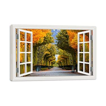 Imagem de Impressão em tela emoldurada de madeira para parede janela outono lindo parque 3D falsa janela vista paisagem pintura natureza imagem impressão em tela arte de parede para sala de estar 80 x 120 cm 31
