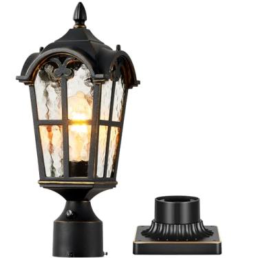 Imagem de VIANIS Poste de iluminação externa do crepúsculo ao amanhecer, preto, 1 pacote, postes de iluminação externa com base de montagem no cais, luzes externas de alumínio à prova d'água para jardim, pátio