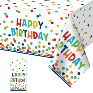 Imagem de 1 pacote com toalha de mesa de plástico de feliz aniversário, toalhas de mesa coloridas descartáveis de bolinhas, capa de mesa retangular impermeável para decoração de festa de chá de bebê, 137 x 272