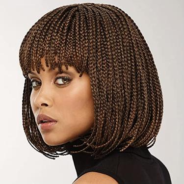 Imagem de Czrleaty Perucas trançadas sem nós para mulheres negras resistentes ao calor fibra sintética macia curta Bob Box trançado peruca com franja perucas trançadas afro-americanas (25,4 cm, marrom)