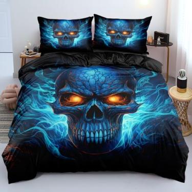 Imagem de Holiyjog Jogo de cama de caveira azul – Capa de edredom gótica tamanho casal com tema de Halloween – Conjunto de cama gótica para adolescentes – Decoração de cama gótica exclusiva para estilo
