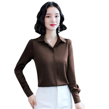 Imagem de Blusas Casuais Femininas Camisas De Cetim De Seda Vintage Hidden Breasted Office Lady Tops Formais, Light Coffee, 3XL