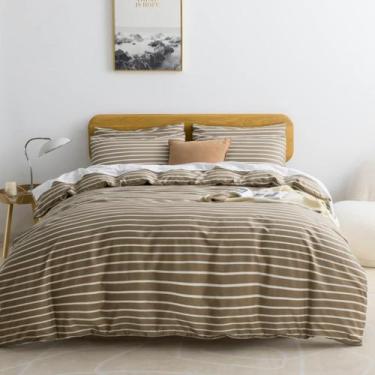 Imagem de Conjunto de capa de edredom JELLYMONI Twin Cotton Khaki com listras br