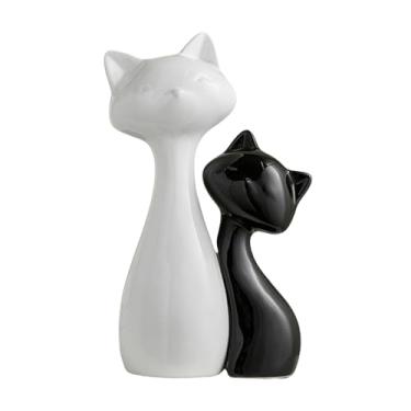 Imagem de KiBcsLic Estatuetas de gatos para casal, enfeite de mesa, gatinho moderno fofo, decoração, escultura para estante, quarto, armário, decoração de casa, S Black L White