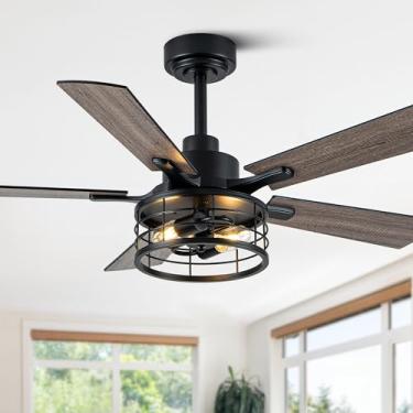 Imagem de Oaks Aura Ventilador de teto de fazenda de 117 cm com luz e controle remoto, motor CC reversível, lâminas de madeira com acabamento duplo, ventilador de teto de lustre retrô rústico com luz para sala