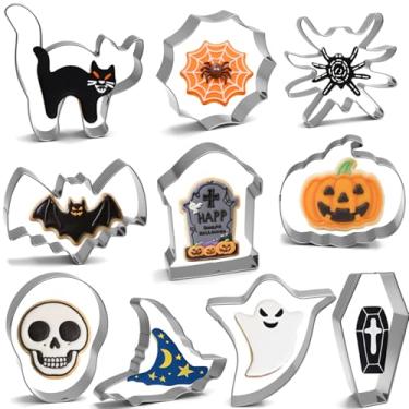 Imagem de Conjunto de cortadores de biscoito de Halloween com 10 peças – Fantasma, morcego, abóbora, chapéu de bruxa, gato, caveira, aranha, teia de aranha, caixão, formas de lápide, moldes de biscoito de metal