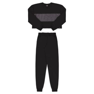 Imagem de Conjunto Blusão Cropped e Calça em Moletom Juvenil Gloss, Preto, 12