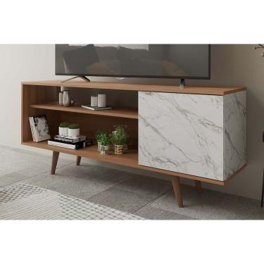 Imagem de Rack Bancada p/ TV até 50 Pol R1486 c/ 1 Porta e 2 Nichos136cm Amêndoa/Marmore Branco - Tecno Mobili
