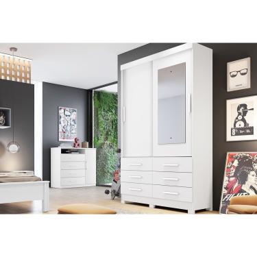 Imagem de Guarda Roupa Solteiro 2 Portas (1 c/ Espelho) e 6 Gavetas Buriti/Jequitibá Branco - Novo Horizonte