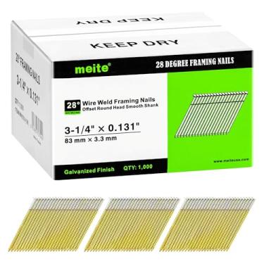 Imagem de meite Pregos de enquadramento de 28 graus, 3-1/4 polegadas, solda de arame, haste lisa de cabeça redonda deslocada pregos de moldura para pistola de pregos de 28° (1.000 peças) acabamento galvanizado