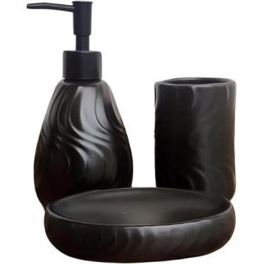 Imagem de Kit Acessório Para Banheiro 3 Peças De Cerâmica Texturizado Saboneteira Com Dispenser Porta Escova (Preto Malta)