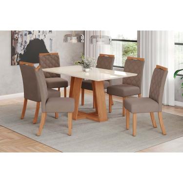 Imagem de Conjunto: Mesa de Cozinha Lins c/ Tampo Madeirado c/ Vidro 160x90cm e 6 Cadeiras Bella Nature/Suede Light Marrom Amendoa - Henn