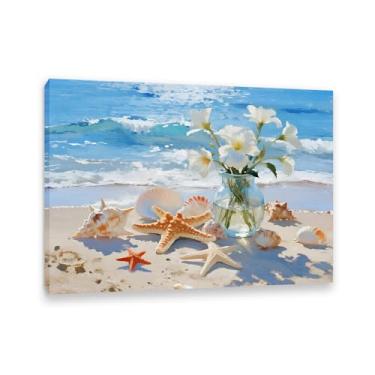 Imagem de Arte de parede em tela ondas do oceano conchas e estrelas do mar imagem praia costeira pôster para banheiro quarto sala de estar azul oceano tela decoração de parede (43 x 30 cm)