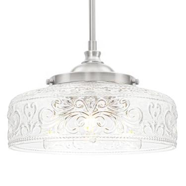 Imagem de Luminária pendente de níquel escovado com abajur de vidro transparente, 3 luzes pendentes ajustáveis ilha de cozinha, luz pendente de cozinha vintage, luzes suspensas de teto para sala de jantar