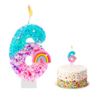 Imagem de Velas com números de aniversário arco-íris para bolos, números de lantejoulas, 6 velas, enfeite de bolo, decorações de cupcake, suprimentos de festa com tema de arco-íris colorido, presentes de
