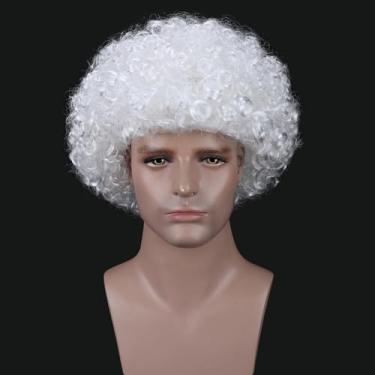 Imagem de WAVELNM Perucas afro encaracoladas de palhaço branco peruca de palhaço fofo peruca afro louca perucas discoteca dos anos 70 anos 80 masculina fantasia de festa de Halloween
