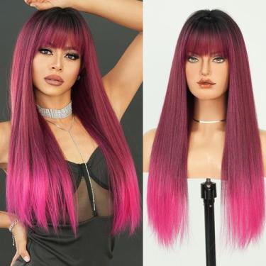 Imagem de Peruca 7JHH WIGS longa reta sintética rosa rosa 66 cm com franja