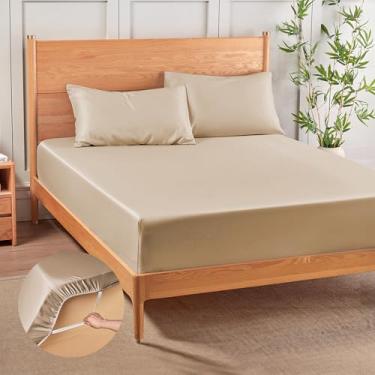 Imagem de MR&HM Jogo de lençol e fronha Queen, 3 peças de rayon misto derivado de bambu, sedoso macio e respirável, bolso profundo de 38 cm com alças elásticas, lençóis refrescantes para quem dorme quente, bege