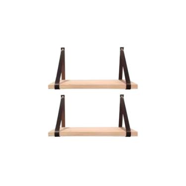 Imagem de Kit 2 Prateleiras de Madeira Com Alça de Couro Suspensa Decorativa Para Casa Quarto Sala (Marrom, 60x15)