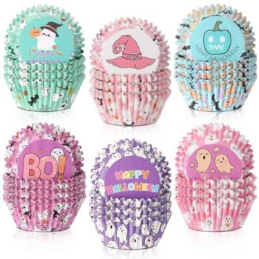 Imagem de 300 peças de forros de cupcake de Halloween fofo fantasma boo chapéu de abóbora envoltórios de cupcakes de Halloween suprimentos de panificação de papel envoltório de muffin para decoração de festa