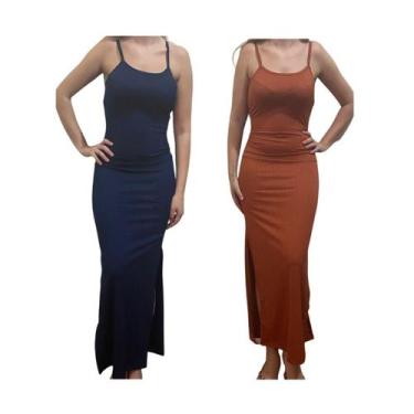Imagem de KIT C/2 Vestidos Longo Canelado com Fenda - Emporio J, Marinho, Telha,