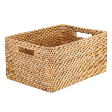 Imagem de Hipiwe Cesto de vime natural decorativo feito à mão, organizador de casa retangular com alças embutidas, 38 x 28 x 18 cm