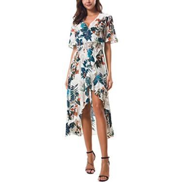 Imagem de Kormei Vestido maxi feminino de manga curta floral alto baixo gola V rodado festa longo, Damasco e azul, G