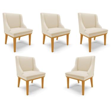 Imagem de Kit 5 Cadeiras Decorativas Sala De Jantar Base Fixa De Madeira Firenze Pu Bege/castanho G19 - Gran Belo