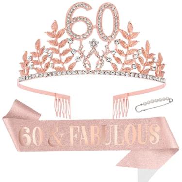 Imagem de Chanaco Decorações de aniversário de 60 anos para mulheres, ouro rosa, presentes de aniversário de 60 anos, faixa de 60 e fabulosa tiara de coroa para decoração de festa