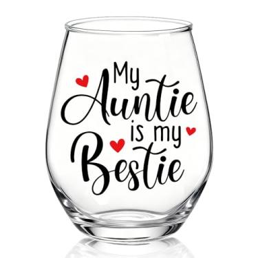 Imagem de TOUNER My Auntie Is My Bestie Taça de vinho sem haste, presentes engraçados de taça de vinho para mulheres First Time Aunt BFF, presentes de aniversário de Natal para mulheres nova tia