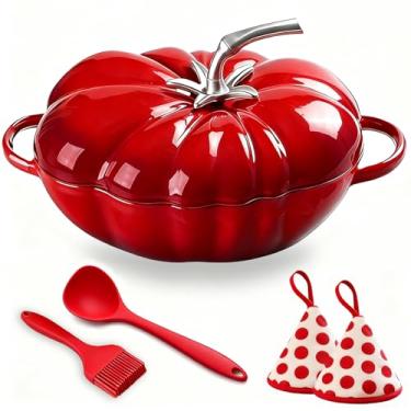 Imagem de Forno holandês de ferro fundido esmaltado de 5 litros - Panela pré-temperada com tampa para assar pão, refogar, sopas e ensopados, utensílios de cozinha pesados, seguro para 260 °C, inclui 3