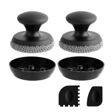 Imagem de 2 peças de limpeza de ferro fundido, esfregão de malha para frigideira de ferro fundido, almofada de limpeza de pratos, escova/raspador de aço inoxidável 316 para esfregar frigideiras de metal, wok