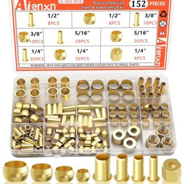 Imagem de Aienxn Kit sortido de acessórios de compressão de latão de 4 tamanhos 152 peças - 1/5.1 cm, 3/20.3 cm, 5/40.6 cm, inserção de 1/10.2 cm, virola de manga, porca para conexão de ar, combustível, água