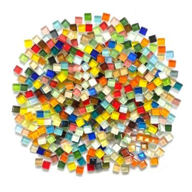 Imagem de Asaisimg Azulejos de mosaico DIY de 500 g para artesanato, peças de mosaico de vidro quadrado colorido manchado, cores mistas, mosaico de cristal brilhante para decoração de casa, artesanato artístico