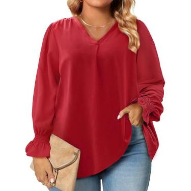 Imagem de Blusa feminina Eytino, tamanho grande, decote em V, chiffon, 1x vermel
