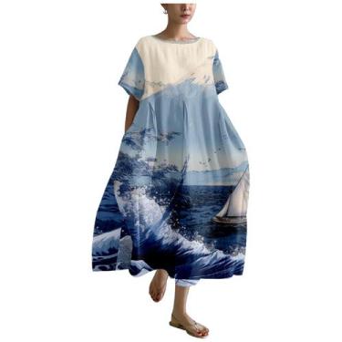 Imagem de Vestido casual MARSVOVO feminino com estampa artística japonesa azul, 