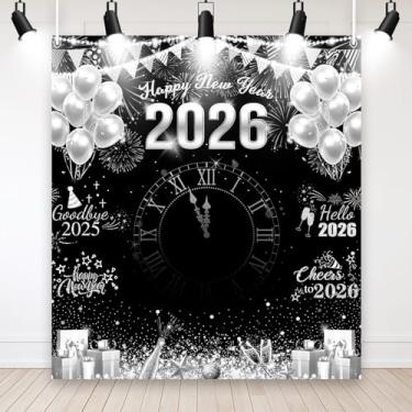 Imagem de MEHOFOND 1,8 x 2 m preto e prata 2026 pano de fundo feliz ano novo adeus 2025 Olá 2026 festa de ano novo fotografia balão fogos de artifício pontos brilhantes Cheers to 2026 cabine de fotos adereços