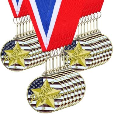 Imagem de Cunno 20 medalhas de prêmio Patriotic Star Performer a granel 5 cm Medalhão acadêmico de ouro com fitas de pescoço Troféu de Metal Prêmio Presente para Torneios Competições Festa
