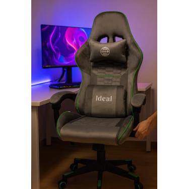 Imagem de Cadeira Gamer Giratória com Detalhes Verdes Revestimento em Veludo, Espuma 22D, Apoio Reclinável e Regulagem de Altura com Base Reforçada Ergonômica, Cor Cinza, Para Escritório e Gaming Cadeiras