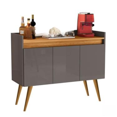 Imagem de Aparador Buffet Retrô com Pés de Madeira Maciça 3 ou 4 Portas Prateleira Organizadora para Sala e Entrada(Luxo 3 Cinza Com Madeirado)