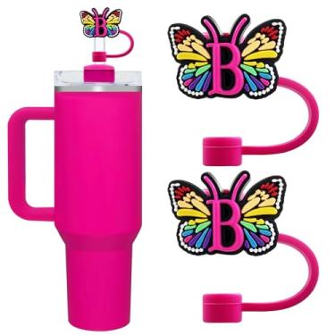 Imagem de Lindas capas de canudo com letra inicial para copos Stanley 20/30/1,134.0 g - tampas à prova de poeira de 10 mm/0,4 pol. - Protetor reutilizável para canudos de 9 a 10 mm, 2 peças