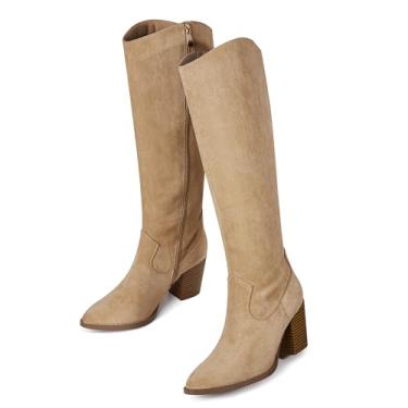 Imagem de MeiLuSi Botas femininas cano alto bico fino camurça salto grosso falso slouchy sapatos altos outono 2025 zíper lateral, Suede Apcicot, 40