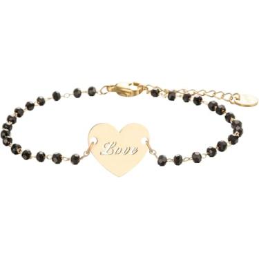 Imagem de Pulseira feminina em forma de coração, pingente de amor de aço inoxidável com contas pretas, pulseira banhada a ouro com letras de amor simples para presentes femininos, One Size, Aço inoxidável, Sem