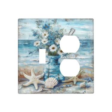 Imagem de BHGAHD Capas decorativas para tomada com estrela do mar, vaso de concha, flor, oceano, pintura a óleo, 2 gangs, capa de parede, conjunto duplex, combo com dois interruptores de luz, placa de