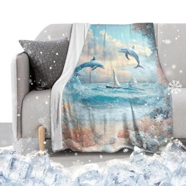 Imagem de Cobertor refrescante com efeito frio dupla face, leve, respirável, verão, tema golfinho, cobertores de cama para suores noturnos, macio para todas as estações, manta refrescante para viagens ao ar