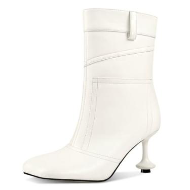 Imagem de GPXGPX Botas femininas até o tornozelo bico quadrado pétala sexy em forma de salto alto outono vestido de trabalho botas curtas cano curto, Branco, 36